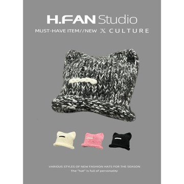 混色夾灰針織貓耳朵毛線帽子女冬季保暖護耳套頭帽顯臉小復古冷帽