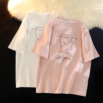 粉色磨毛短袖t恤女美式2024初秋新款設計感印花寬松小眾打底半袖