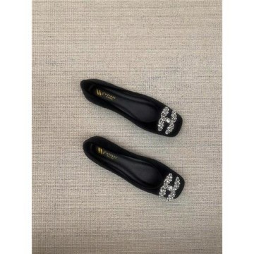 羊皮版法式水鉆方頭平底單鞋女內增高黑色氣質一腳蹬通勤工作鞋子