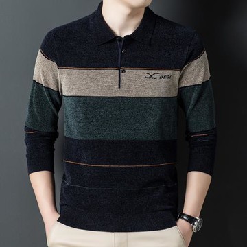 春秋薄款雪尼爾翻領毛衣男新款針織打底衫中年寬松條紋休閑T恤潮