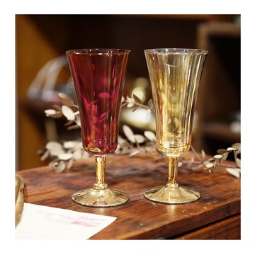 老件.法國古董玻璃對杯.琥珀金與玫瑰紫紅.金色杯腳.高腳杯