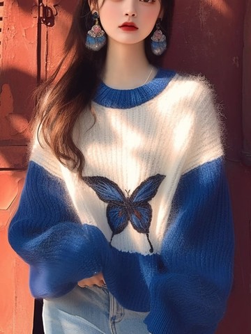 秋冬女裝 韓系 溫柔風 設計感 氣質穿搭 蝴蝶結 撞色克莱因蓝软糯長袖毛衣女