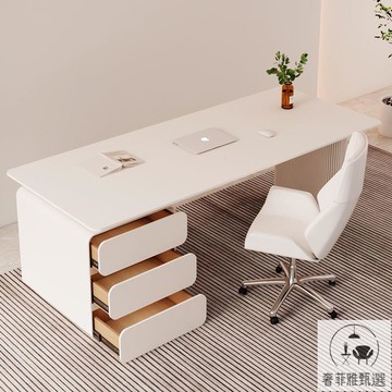 開票 免稅 奶油風巖板書桌高級輕奢家用寫字臺臥室極簡帶抽屜老板電腦辦公桌 PDD-95快速出貨 公司貨