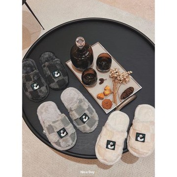 軟呼~ 棋盤格熊貓毛絨情侶拖鞋室內家居防滑靜音軟棉棉拖鞋秋冬季