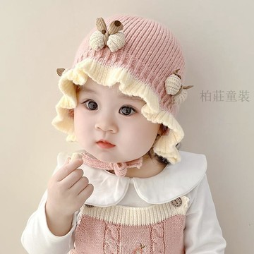 🍭秋冬新品🍭秋冬款嬰兒花邊毛線帽女寶寶漁夫帽幼兒甜美公主韓版護耳帽子冬季