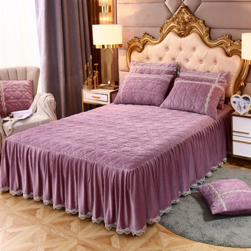 水晶絨床裙三件套夾棉加厚床罩冬季法蘭絨防滑裙式床套珊瑚絨加絨