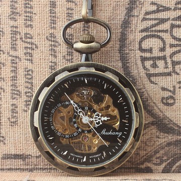 無蓋機械懷表透機芯青銅懷表羅馬數字懷表老人兒童齒輪掛鏈表懷表1入