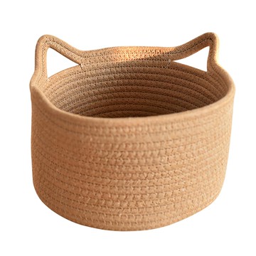 貓耳收納籃 大號 棉繩編織桌面收納筐 可愛造型多用途  1個  棕色