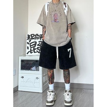 水洗做舊運動短褲男潮牌復古高街休閑褲美式籃球褲夏季寬松五分褲