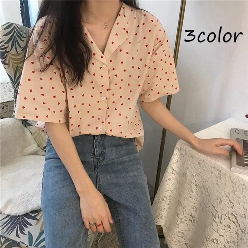 柄シャツ ハート柄 半袖シャツ ブラウス 総柄 小柄 アロハシャツ 原宿系 個性的 レディース Vネック トップス パジャマ風 通販 Lineポイント最大0 5 Get Lineショッピング