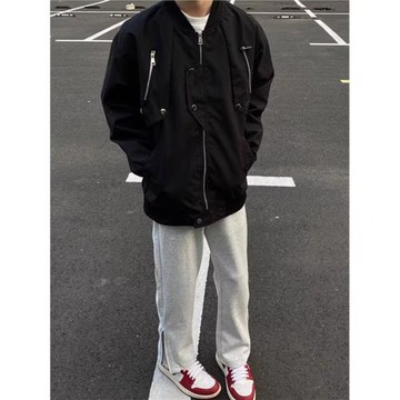 美式街頭飛行員夾克男春秋季新款潮牌新款休閑黑色棒球服寬松外套
