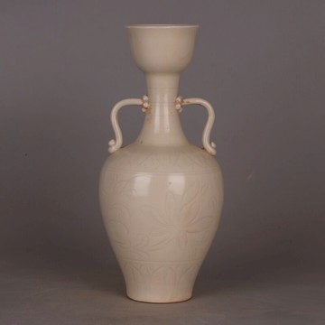 宋定窯刻花漏斗雙耳瓶 仿古做舊全手工瓷器古玩古董裝飾復古擺件