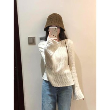 韓系白色喇叭袖長袖針織衫內搭上衣女秋冬穿搭高級感氣質打底毛衣