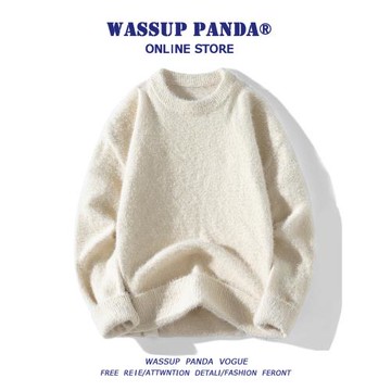 WASSUP PANDA貂絨毛衣男秋冬慵懶風毛茸茸加絨加厚情侶打底針織衫