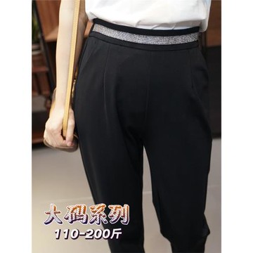 110-210斤 高彈力顯瘦銀邊腰煙管褲女大碼休閑褲春夏胖mm寬松黑色