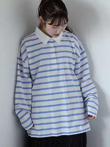 休閒感橫紋跳色翻領長袖上衣(0F000491410) - ehka sopo