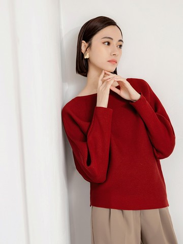 質感橫紋針織連袖落肩上衣