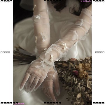 超實惠 七 手套 袖套 手袖薄款韓版網紗蕾絲蝴蝶結新娘手套結婚拍照顯瘦走秀加長透明款新款