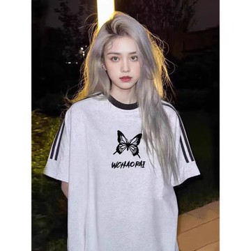 重磅純棉美式復古三條杠短袖t恤女夏季寬松設計感小眾高街上衣潮