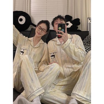 高級感熊貓情侶睡衣女春秋季2025新款純棉長袖長褲家居服男士套裝
