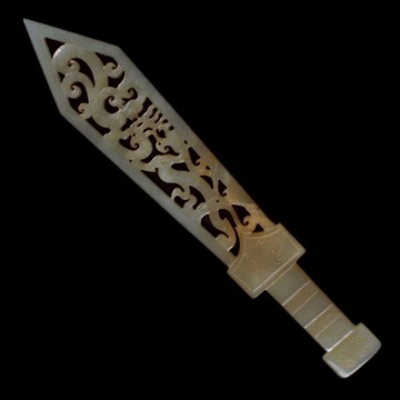 《博古珍藏》天然和闐玉鏤空雕螭龍紋劍飾把玩．69公克．早期收藏．老件文物．微沁．行家勿錯過．超值回饋