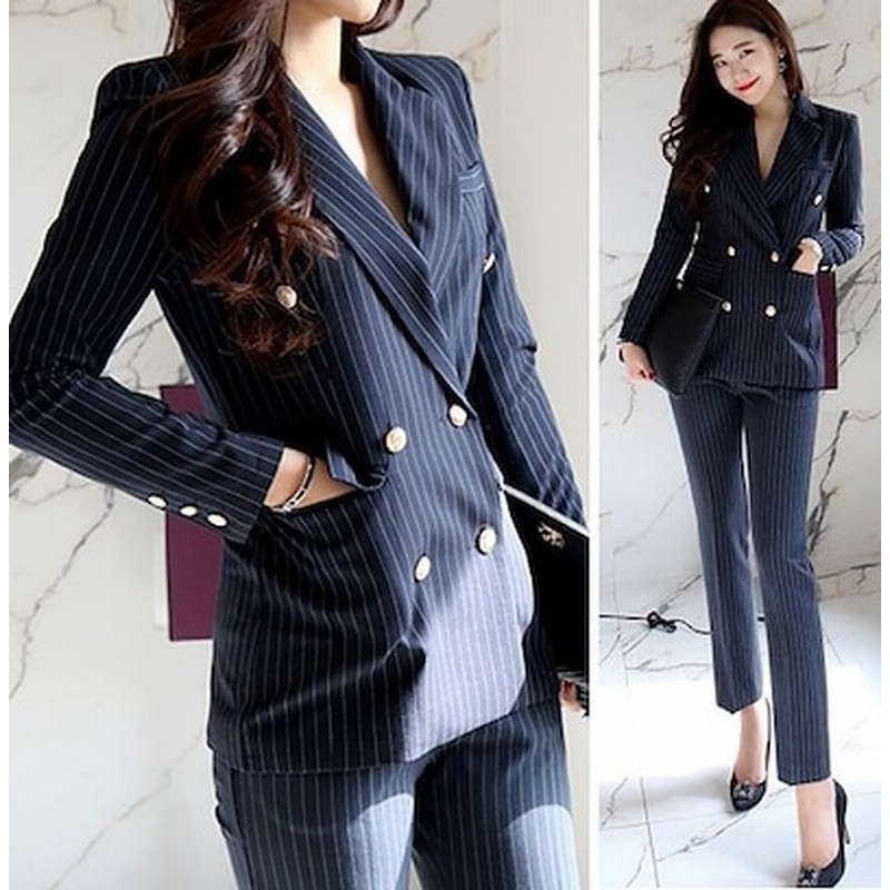 ストライプ スーツ セットアップ レディース 韓国 ファッション レディース オフィスカジュアル 春 パンツスーツ 上下セット 春服 レディース チョークストライプ ダブルボタン スリム タイト テ 通販 Lineポイント最大1 0 Get Lineショッピング