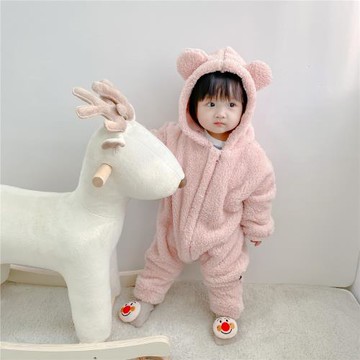 IN嬰兒毛絨連體衣外套寶寶卡通小熊爬服兒童外出連帽可愛萌服秋冬