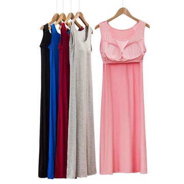 莫代爾帶胸墊背心吊帶連衣裙女無袖長裙寬松大碼打底睡裙睡衣夏季