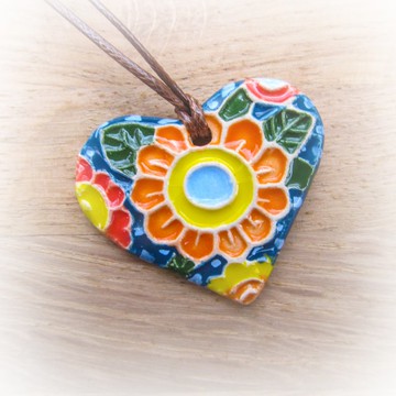 陶瓷愛心花朵項鍊墜飾, 陶瓷愛心項鍊, 陶瓷