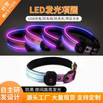 源頭工廠跨境LED寵物狗狗發光項圈 印花反光條USB充電發光狗項圈