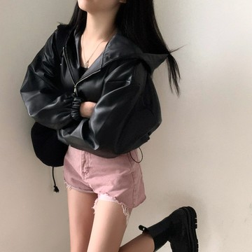 ˏˋ 𝐻𝑒𝑦 𝑆𝑝𝑟𝑖𝑛𝑔 - ̗̀ 🌷⛅️ ̖́‎韓國chic連帽小皮衣 短版皮夾克外套 皮衣外套