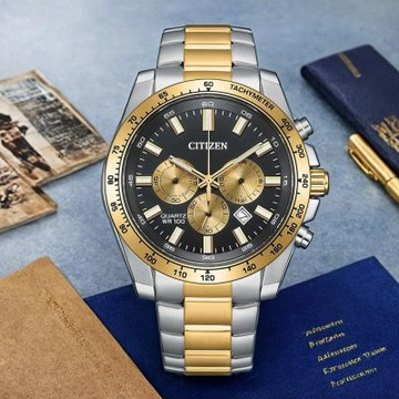CITIZEN 星辰 Chronograph 紳男三眼計時手錶 夏日煥新提案 送禮推薦-雙色x黑/44mm AN8234-58E