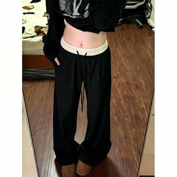 7386 用戶珍藏💖黑白拼接美式闊腿褲女潮流百搭寬鬆顯瘦休閒褲子大碼300斤直筒褲4ZLO