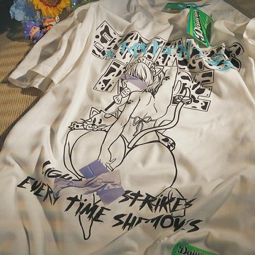 Daiwing 一如貓海深似坑 日系貓娘印花短袖oversize寬松休閑t恤