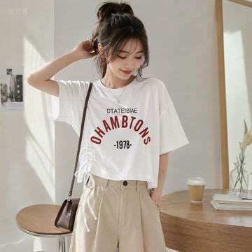 【台灣出貨】短袖T恤女 韓風牛奶絲 夏季別緻 抽繩短款 上衣打底衫 設計感氣質 熱賣款 女生洋氣ootd 寬鬆短袖 女生