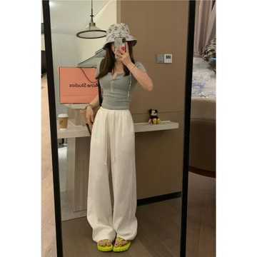 VASSE Cleanfit松弛感大白褲 顯瘦慵懶抽繩闊腿亞麻白色休閑褲夏