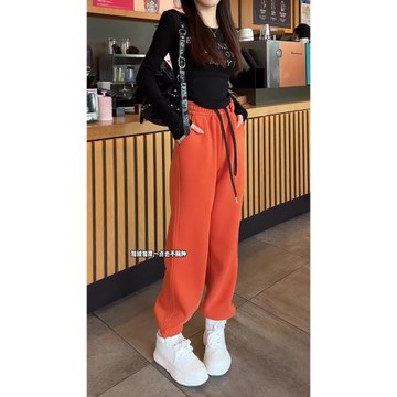 2025秋冬季新款加絨運動褲小個子直筒闊腿褲橙色束腳休閑衛褲子女