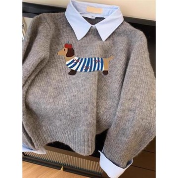 設計感小狗卡通軟糯灰色假兩件襯衫領針織衫女上衣2025秋新款毛衣