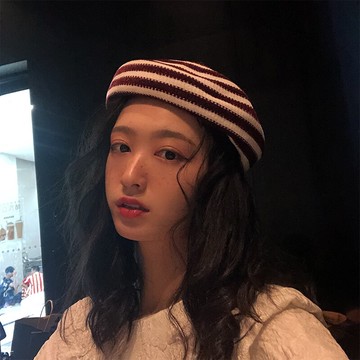 條紋針織毛線貝雷帽女英倫秋冬韓版日系甜美可愛畫家帽南瓜蓓蕾帽1入
