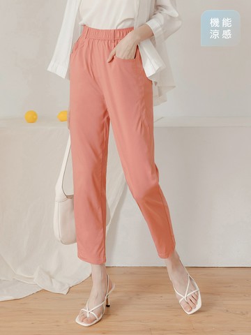 涼感．冰感彈力鬆緊腰小直筒褲