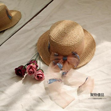 平頂草帽女夏季韓版小清新遮陽帽海邊度假沙灘帽拉菲草刺繡小禮帽【聚物優品】