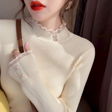 半高領毛衣打底衫女秋冬2021年新款洋氣上衣內搭長袖修身蕾絲針織