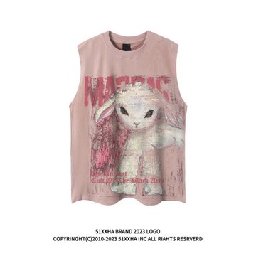 51嘻哈趣味多巴胺兔子印花麂皮絨無袖T恤男女潮牌寬松運動汗背心
