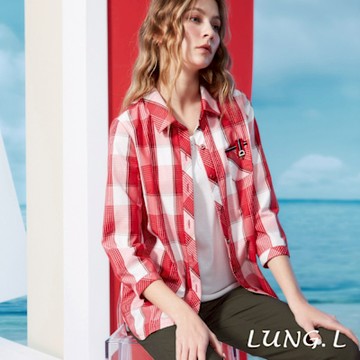 LUNG.L林佳樺 紅色格紋棉質七分袖女裝外罩襯衫LR63A