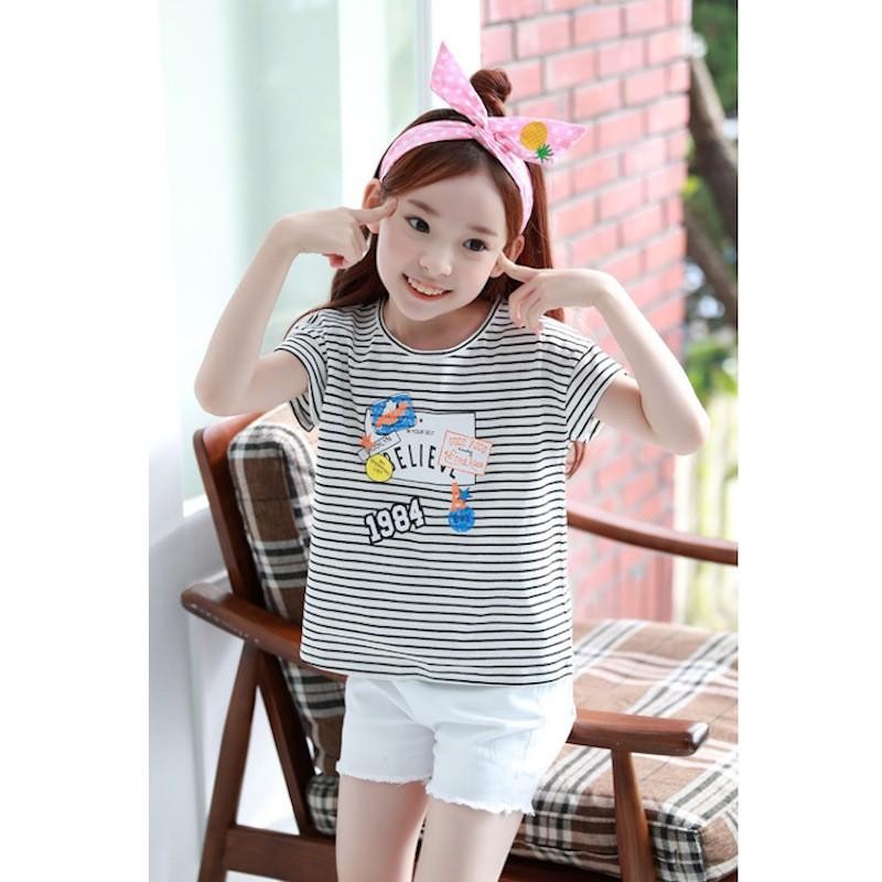 半袖Tシャツ カットソー キッズ ジュニア 子供服 女の子 夏服 春服?トップス ラウンドネック プリント ボーダー柄 お出かけ かわいい おしゃれ  LINEショッピング