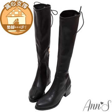 💖靴款任2雙贈靴撐片💖Ann’S防潑水材質-有彈性的後綁帶全素面粗跟及膝長靴5cm-黑