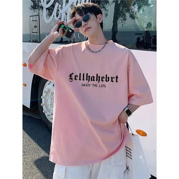 粉色小領口重磅純棉t恤男款夏季潮牌寬松情侶短袖青少年半袖衣服