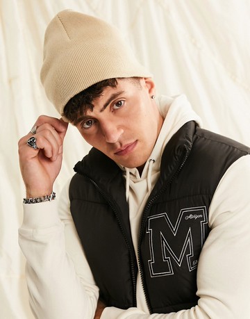 ASOS DESIGN skull beanie in stone-Neutral