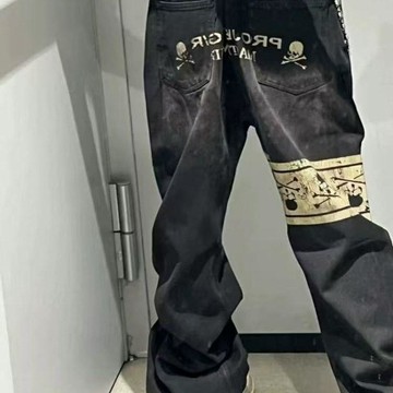 新款潮牌大小提花刺繡達摩休閒修身印花直筒褲子寬鬆男士牛仔褲 寬褲牛仔褲