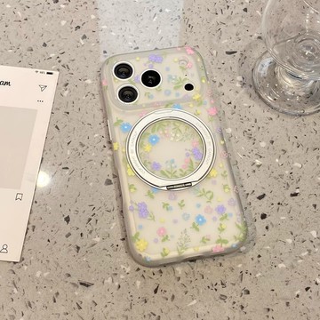 360旋轉磁吸支架 塗鴉小碎花 適用於 蘋果 iPhone 17 16 15 Pro Max 手機殼 防摔殼 保護殼